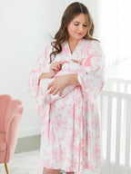 SoftSnooze™ Baby Girls Bamboo Viscose Bubblegum Butterfly Garden Toile Ruffle Knotted Sleep Gown & Bow Hat Set