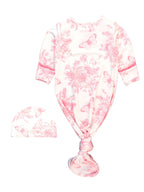 SoftSnooze™ Baby Girls Bamboo Viscose Bubblegum Butterfly Garden Toile Ruffle Knotted Sleep Gown & Bow Hat Set