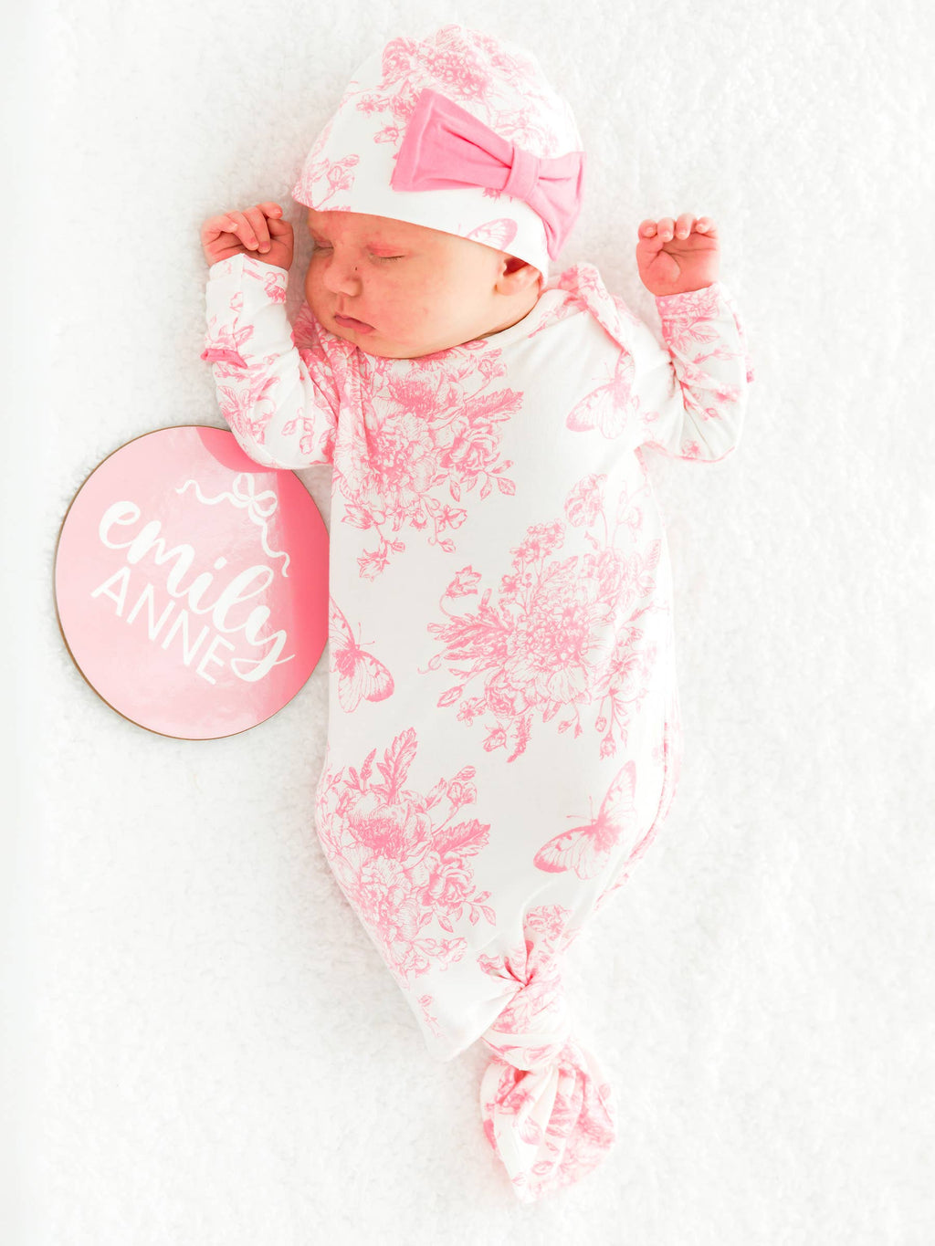 SoftSnooze™ Baby Girls Bamboo Viscose Bubblegum Butterfly Garden Toile Ruffle Knotted Sleep Gown & Bow Hat Set