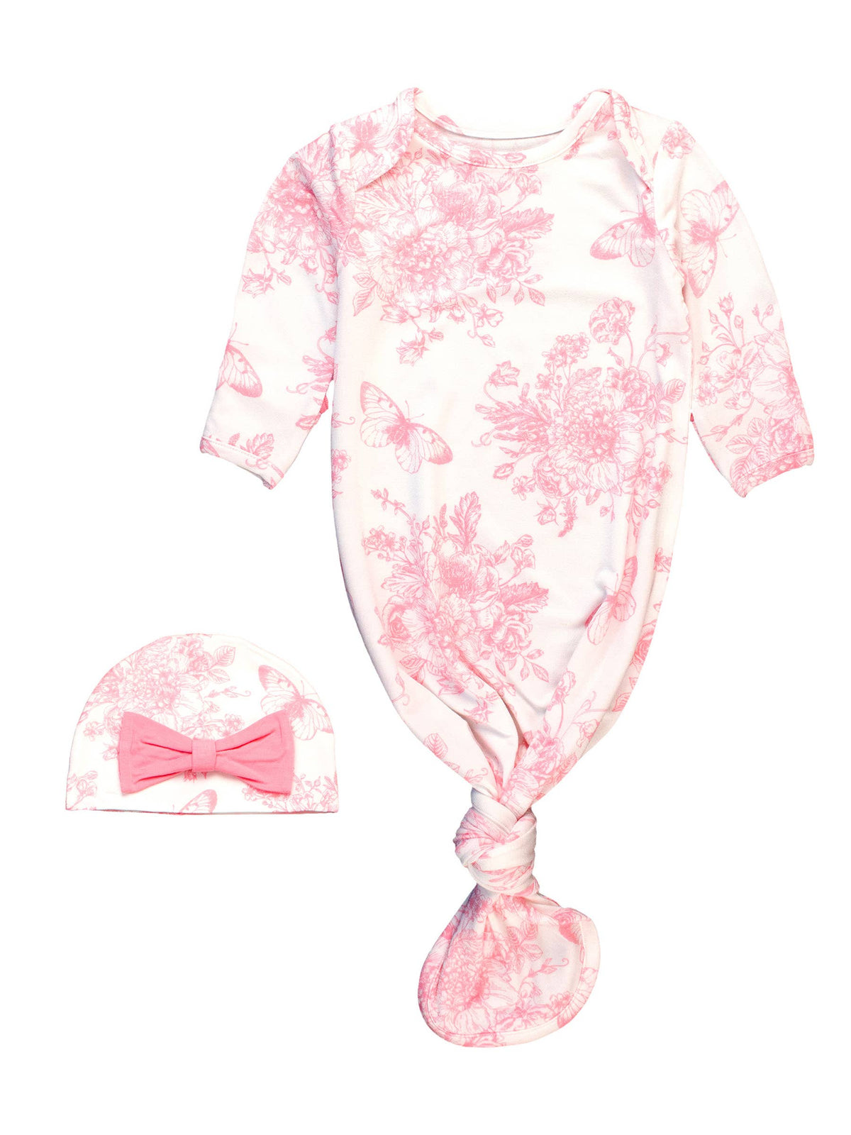 SoftSnooze™ Baby Girls Bamboo Viscose Bubblegum Butterfly Garden Toile Ruffle Knotted Sleep Gown & Bow Hat Set